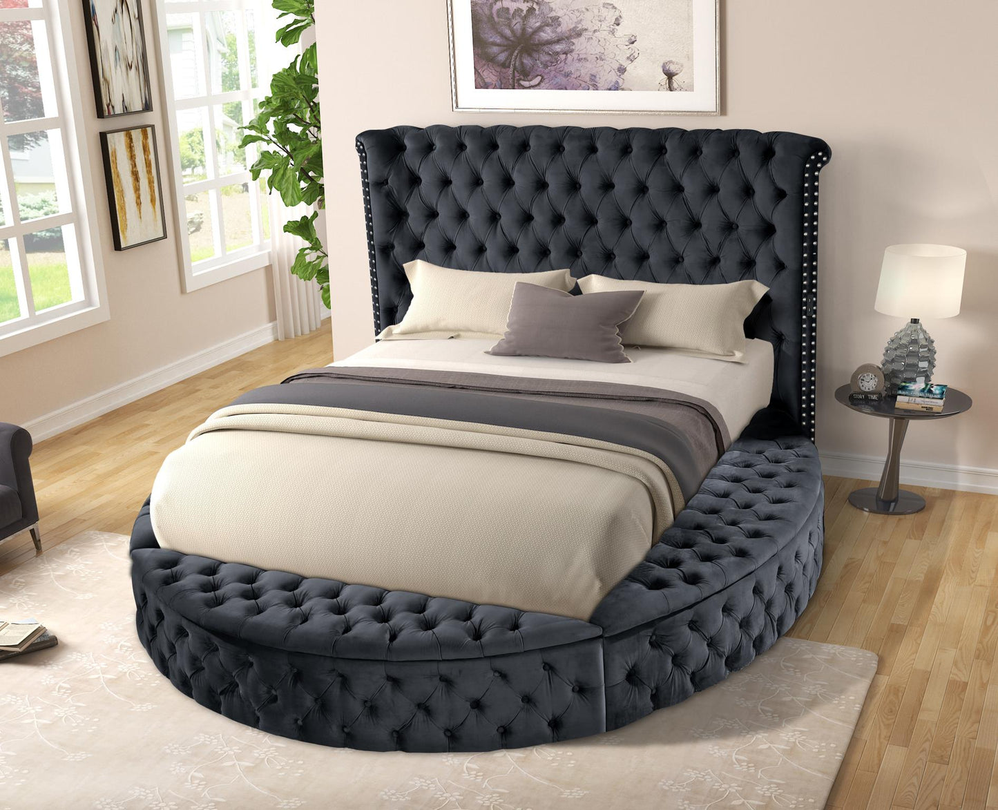 Queen Charcoal Tufted Kingsford Bed w/USB and BT Speakers $1675.00 *90 Day Same as Cash